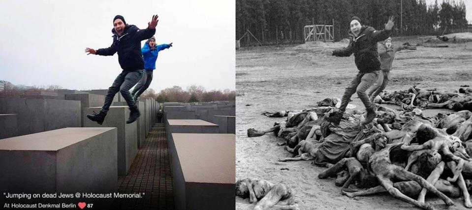  Youngsters are seen dancing, walking and jumping around on the stones. They captioned the image, "Jumping on dead Jews"