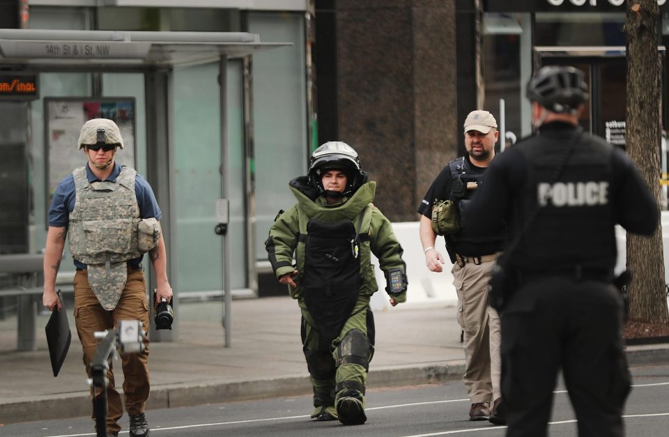  Bomb scare ... members of a bomb disposal team could be seen investigating a suspicious package in downtown Washington DC earlier today