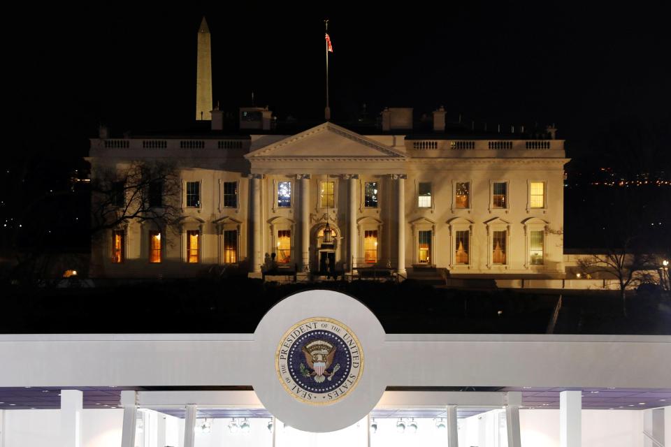  The presidential seal is seen in front of the White House before the Inauguration Day parade