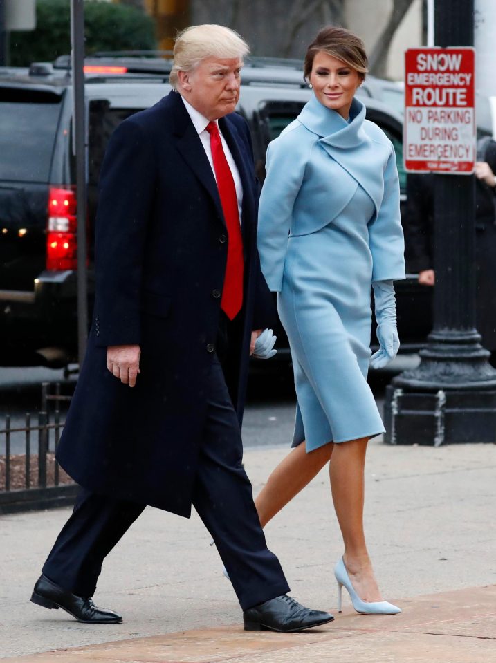  Melania paired the block colour dress with a pair of her signature pin-thin heels and a silver gloves