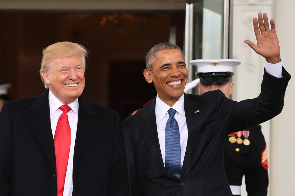  Trump and Obama were pictured shaking hands on the steps and asking each other how they were doing