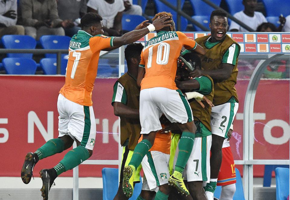  Ivory Coast's players celebrate their second goal during the 2017 Africa Cup of Nations Group C match