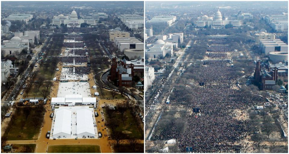  A comparison showing the crowd at Trumps inauguration, left, and Obama's in 2009