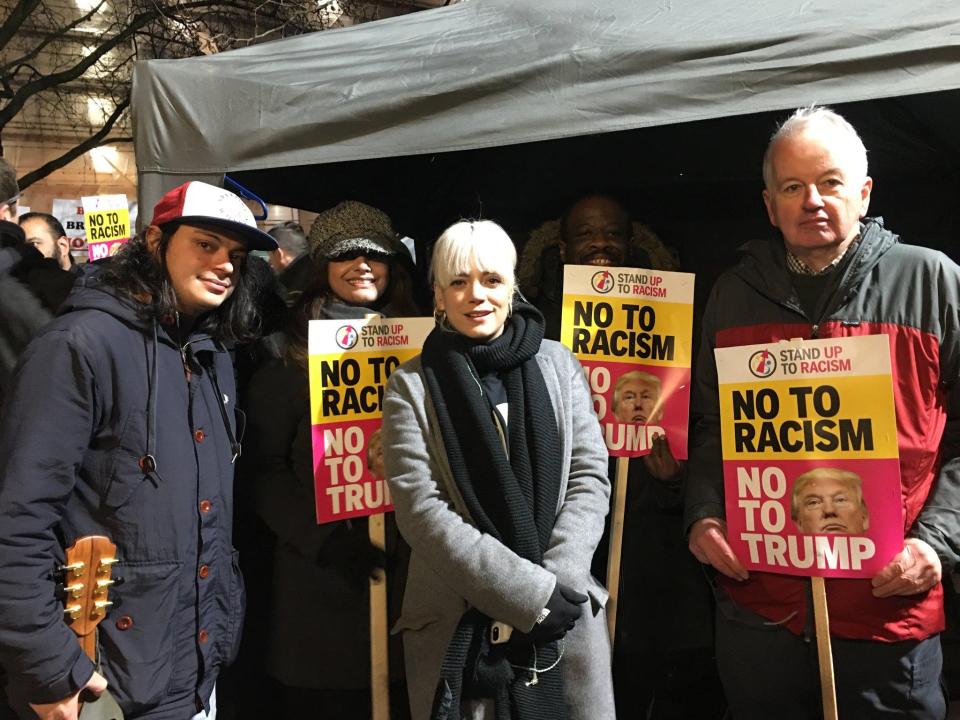  Lily Allen joined protesters outside London's US embassy on Friday