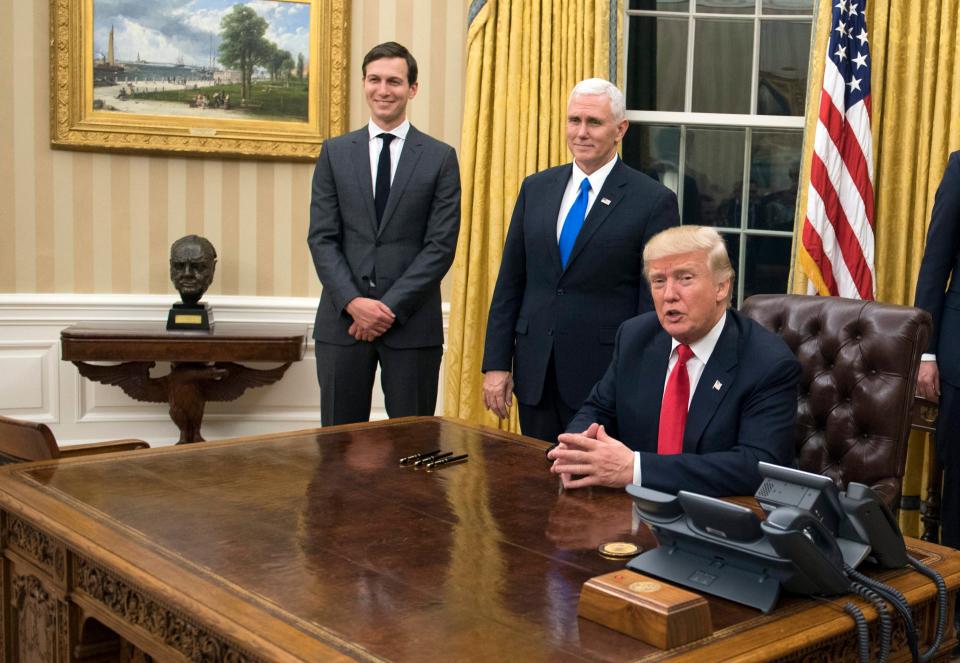  Trump was joined by a bust of Churchill in the Oval Office as he signed off his first orders as President