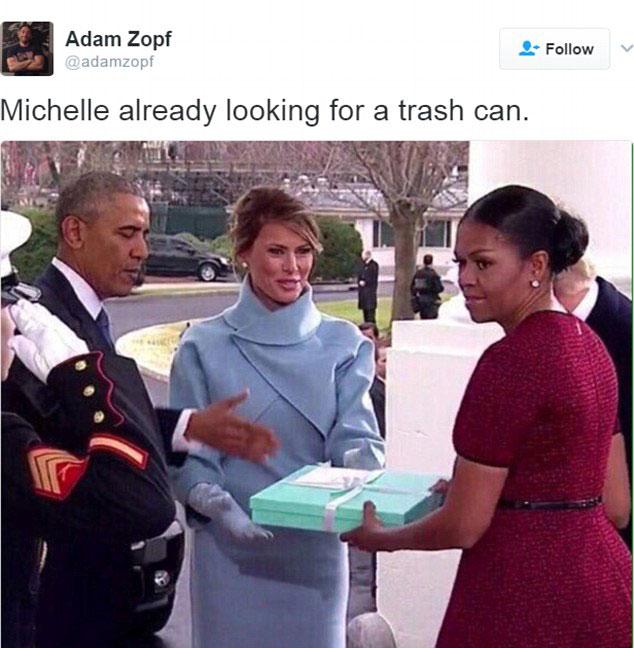  This person joked she was "already looking for a trash can" having been handed a present by Melania Trump