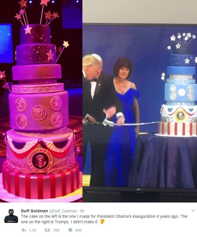  Celebrity chef Duff Goldman, who created Barack Obama’s cake (left) for the ceremony four years ago, said Trump’s (right) looked remarkably similar