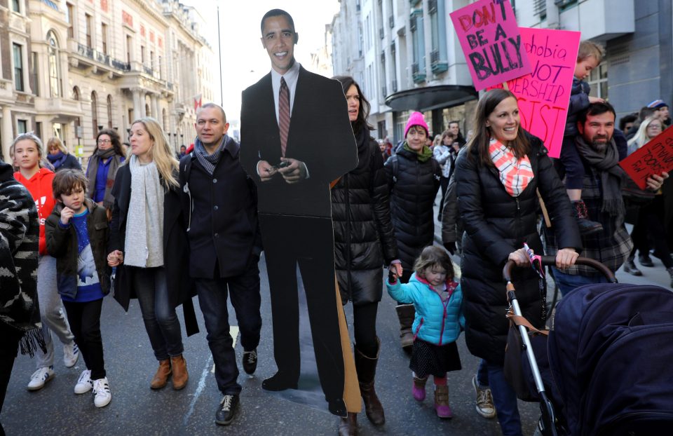  Former President Barack Obama also appeared to join the Women's March in London, in the form of a cardboard cutout