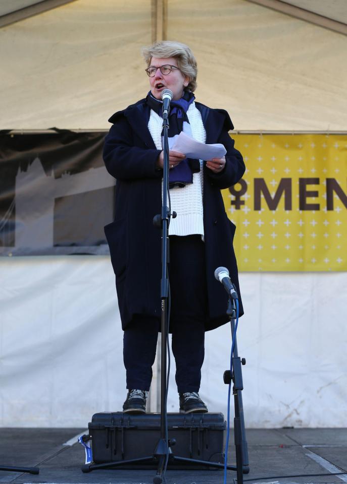  QI host Sandi Toksvig speaks at the rally in Trafalgar Square, London