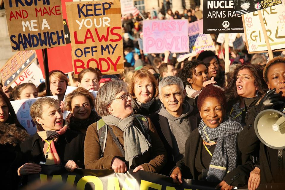  Mayor of London Sadiq Khan pictured with Labour's Harriet Harman as they join the London protest