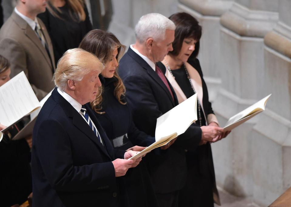  The Trumps sat on the front pew at Washington National Cathedral alongside Vice President Mike Pence and his wife Karen