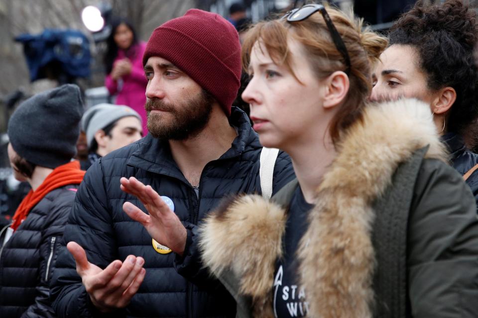  Actor Jake Gyllenhaal listens to speakers at the Women's March in Washington