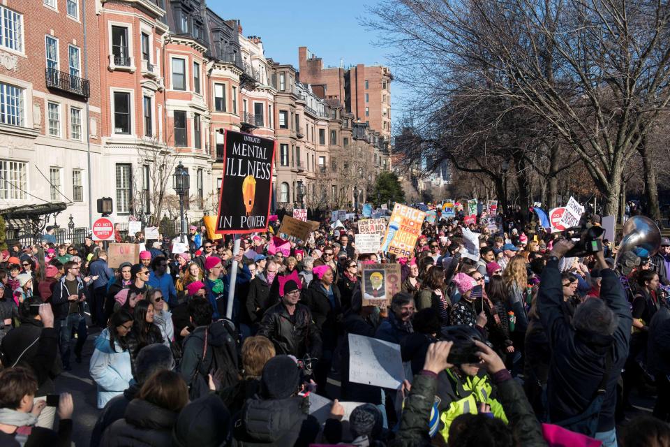  A Women's March makes its way down Commonwealth Avenue in Boston