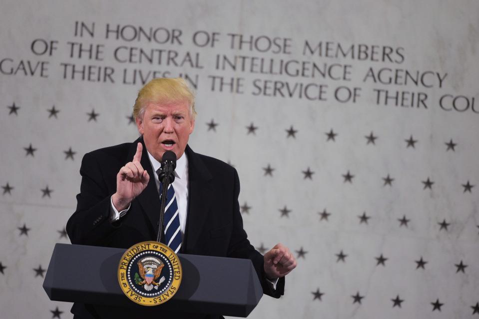  US President Donald Trump speaks during a visit to the Central Intelligence Agency