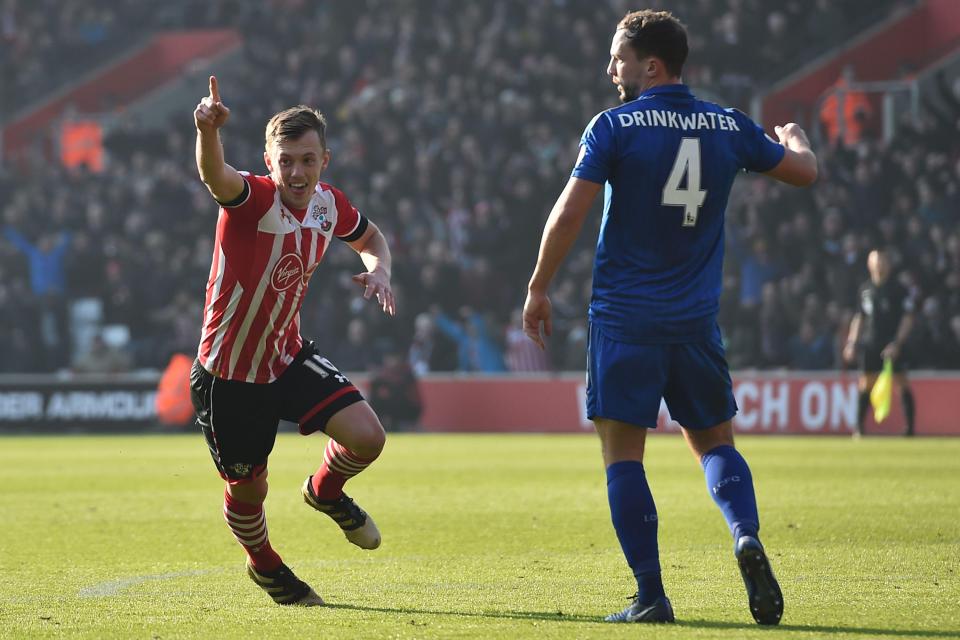  James Ward-Prowse wheels away after scoring the first goal at St Mary's today against Leicester