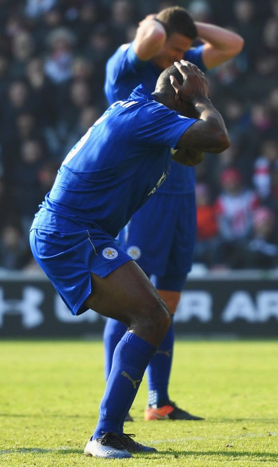  This was Wes Morgan when he headed into his own net, but he was saved when the assistant ruled Southampton's Yoshida to be offside