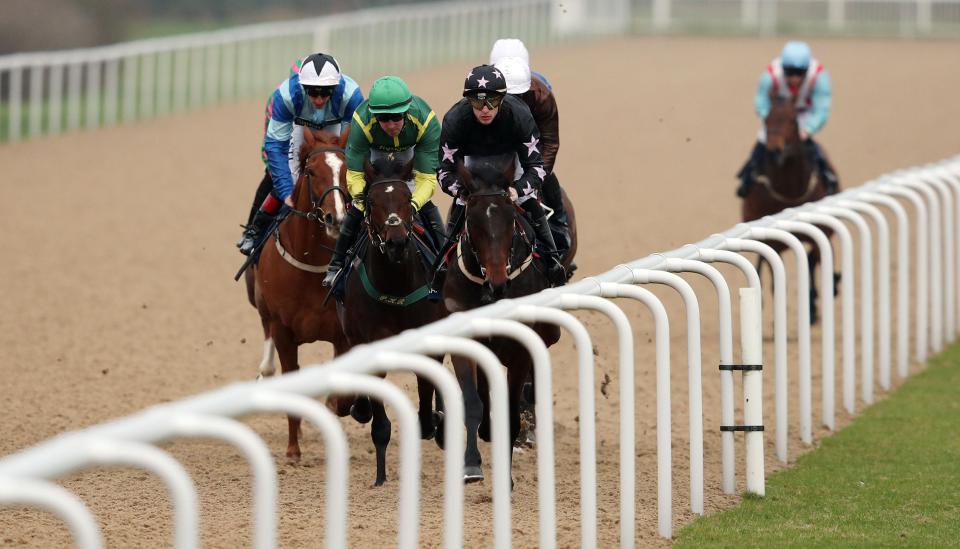  Charlie Rascal ridden by Richard Kingscote (right) leads from eventual winner Good Time Ahead ridden by Paddy Aspell (centre) in the Maiden Auction Stakes at Wolverhampton Racecourse