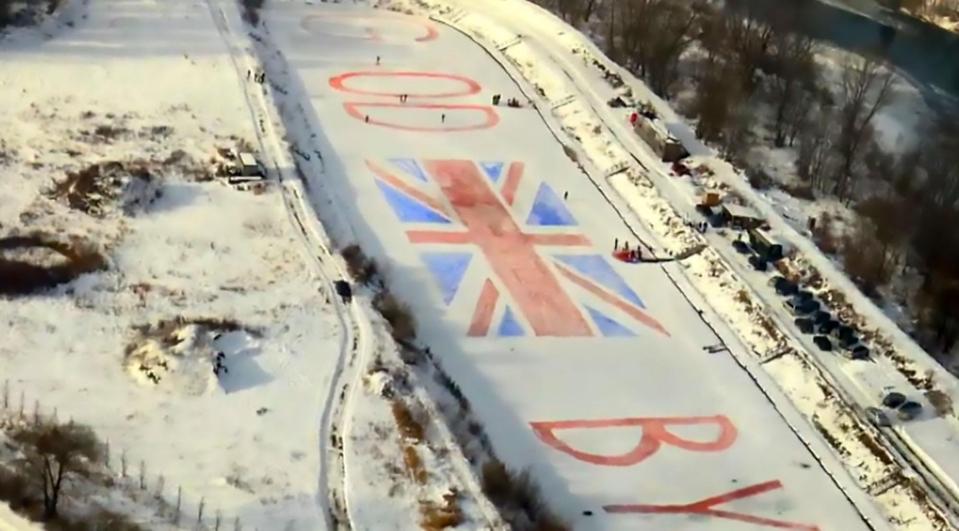  The pro-Europeans created the massive goodbye card on a privately owned lake in the village of Hrabove near the town of Bytca in northern Slovakia.