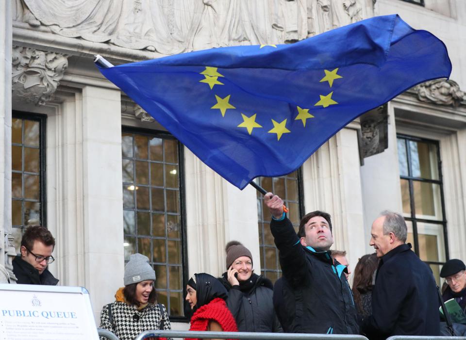  A pro-Europe demonstrator makes his point while waiting for the Supreme Court to deliver its verdict