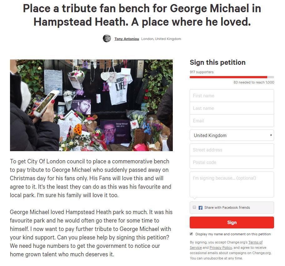  Fans have started a petition to get a memorial bench in Hampstead Heath as a tribute to George Michael