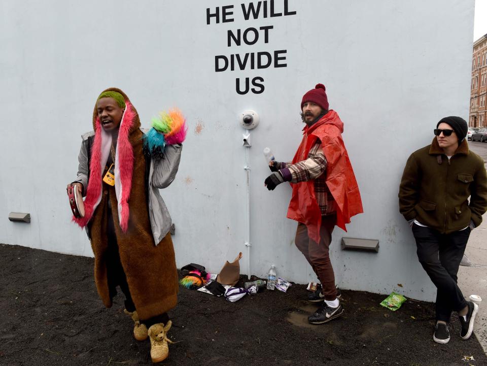 US actor Shia LaBeouf at his He Will Not Divide Us livestream spot outside the Museum of the Moving Image