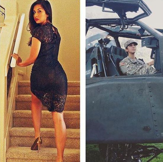  Showing how it can be done in uniform and out is this U.S. army cadet, pictured in her helicopter, right, and in her heels and a dress, left