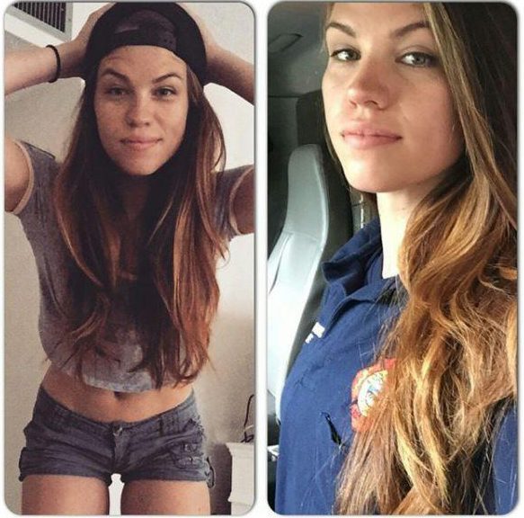  Another comparison picture shows this firefighter as she looks in her uniform and dressed down casual while off-duty