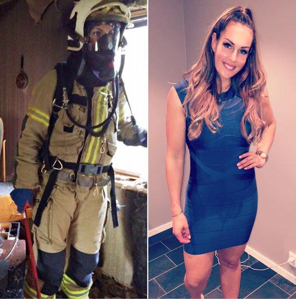  Gunn poses in a tight bandage dress with her long hair down, right, and left, she wears her heavy uniform while at work in a burned out house