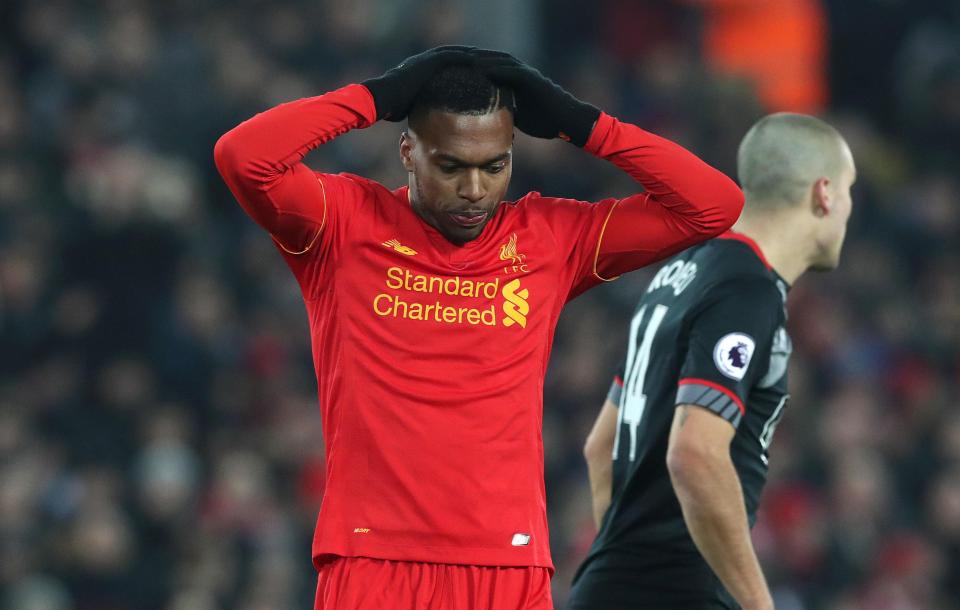  Liverpool striker Daniel Sturridge missed glorious opportunities to draw the Reds level against Southampton