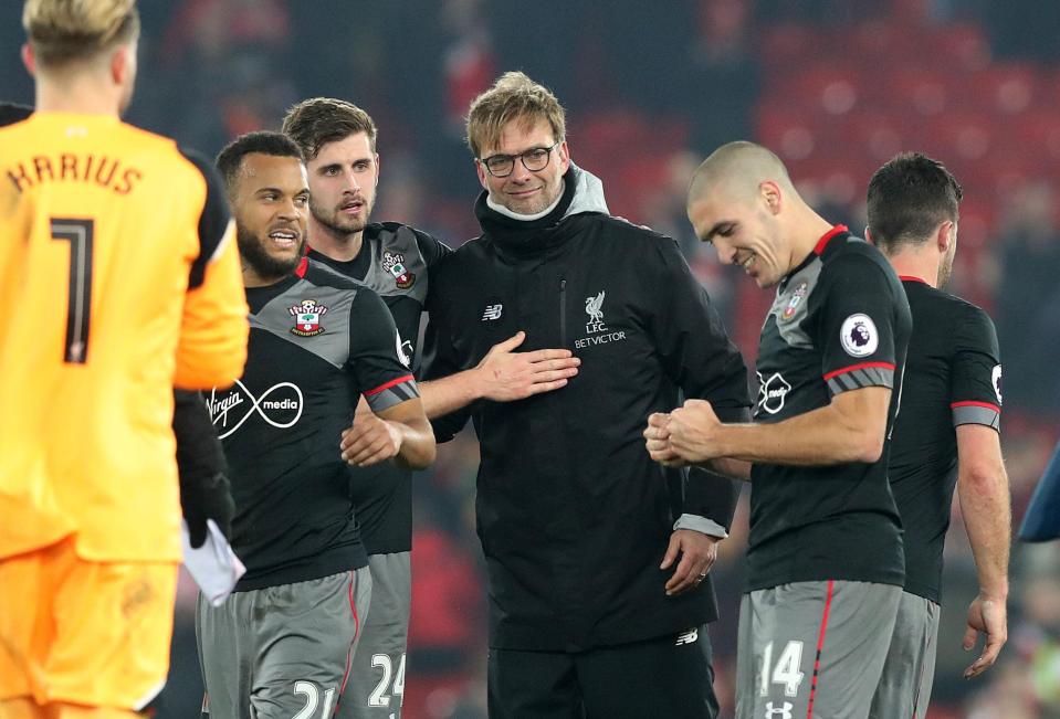  Jurgen Klopp congratulates the victorious Southampton players after their victory at Anfield