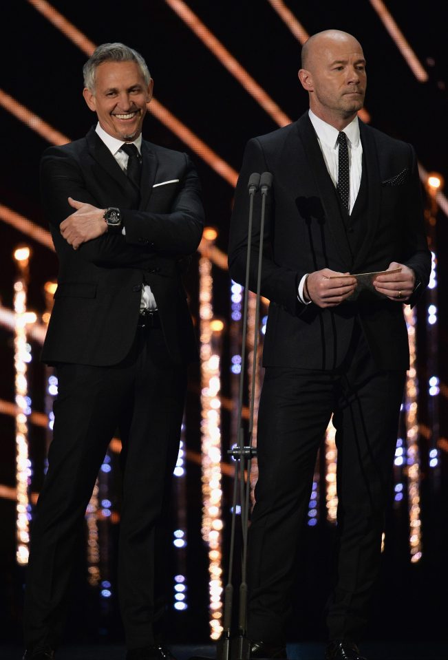  Gary Lineker and Match of the Day pundit and SunSport columnist Alan Shearer on stage at the National Television Awards