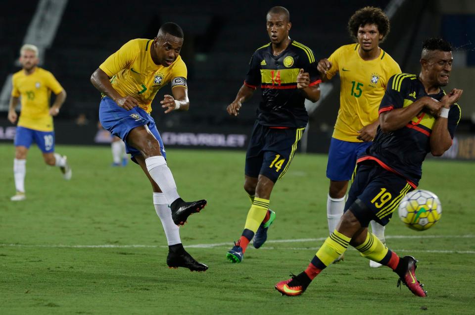  Former Manchester City striker, Robinho, has an effort on Colombia goal