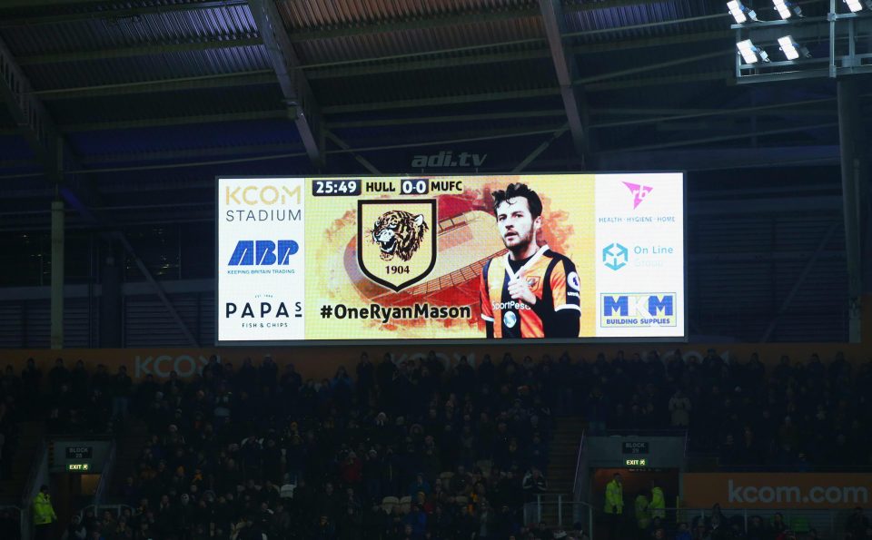  A message of support for Mason was displayed on the big screen in the 25th minute