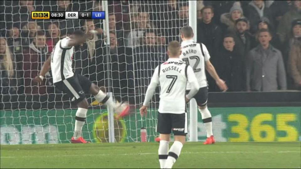  Darren bent somehow managed to smash the ball into the Derby goal following a Leicester corner