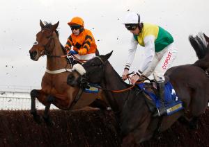  Many Clouds (right) jumps ahead of Thistlecrack in the Cotswold Chase