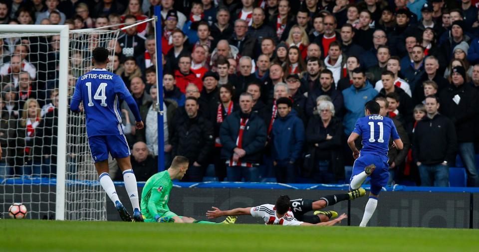  Pedro nutmegs Daniel Bentley to double Chelsea's advantage after 21 minutes