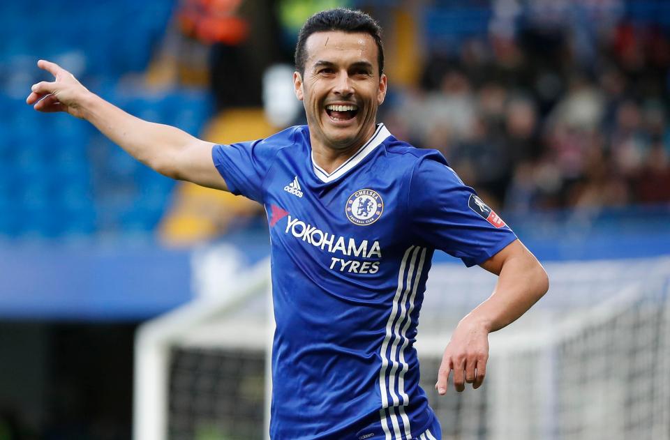  Spanish winger Pedro celebrates his strike which put the Blues in command of the tie