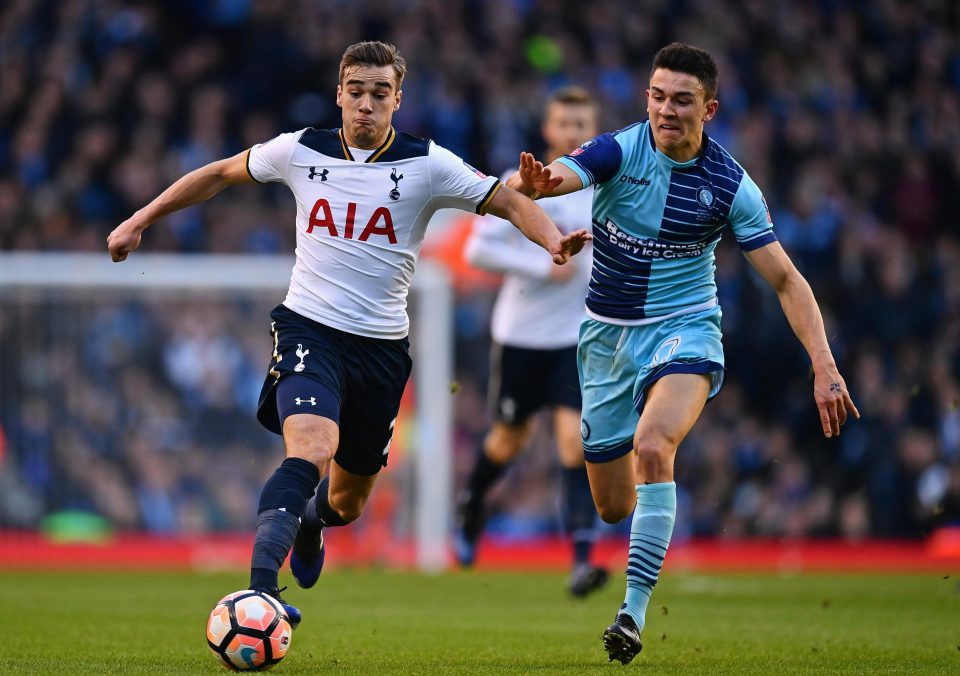  Harry Winks of Tottenham Hotspur and Luke O'Nien of Wycombe Wanderers compete for the ball