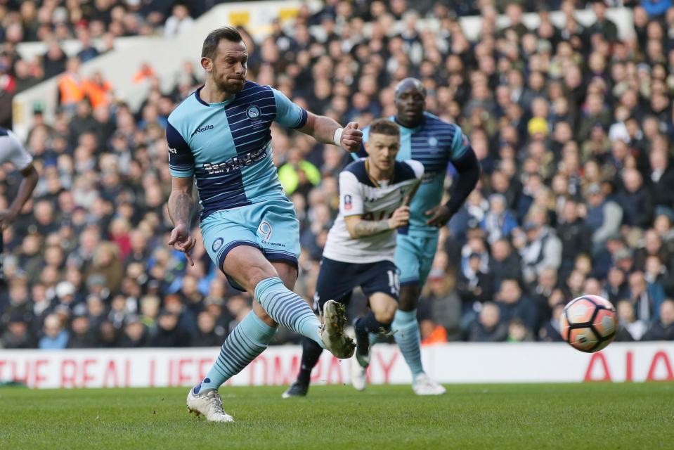  Wycombe Wanderers' Paul Hayes scores a penalty during the English FA Cup fourth round match between Tottenham Hotspur and Wycombe Wanderers