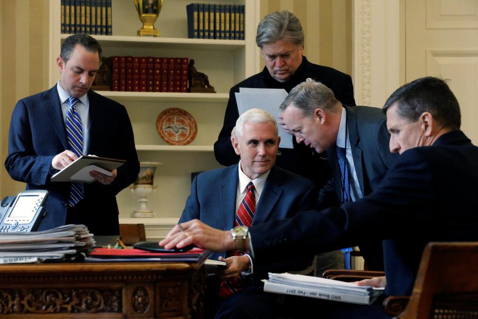  Also in the room were (left to right) Chief of Staff Reince Priebus, Chief Strategist Steve Bannon, Vice President Mike Pence, Press Secretary Sean Spicer and National Security Adviser Michael Flynn