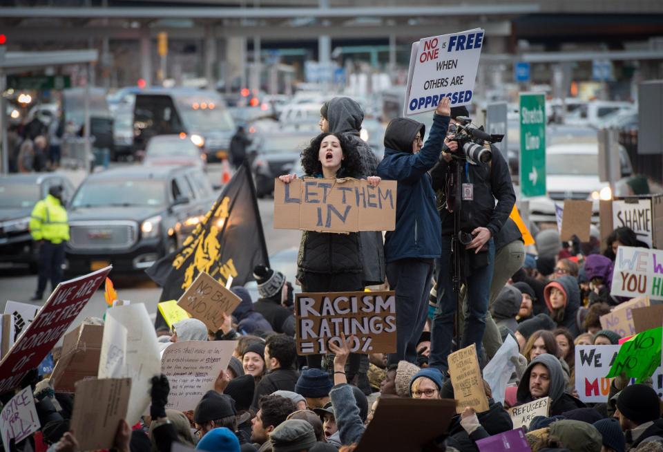  Thousands turned out in New York to condemn the ban after it came into effect