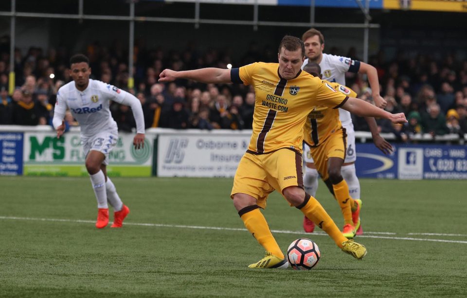  Jamie Collins scored the only goal of the game from the spot as Sutton knocked Leeds United out of the cup