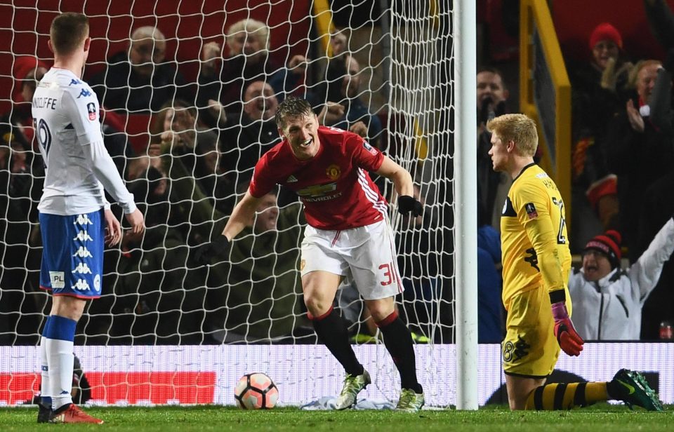  Bastian Schweinsteiger celebrated his return to the starting XI by scoring Manchester Uniteds fourth