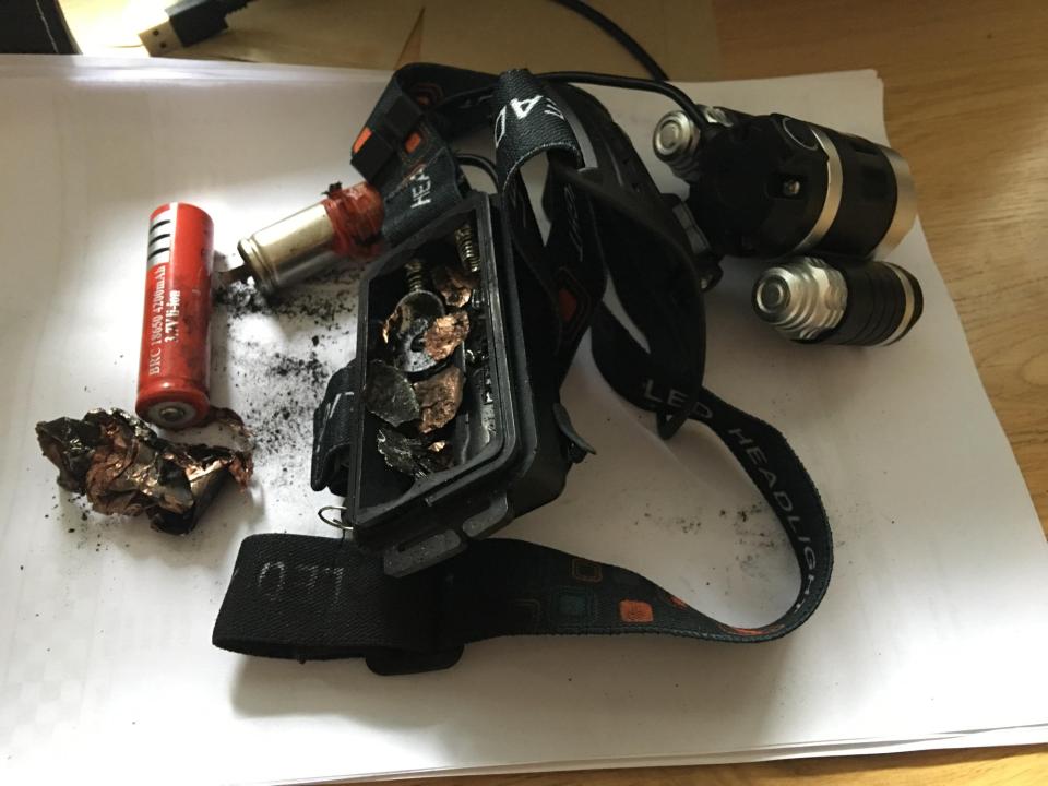  According to dad-of-three Darren Sonhurst, one of the batteries in the head torch, pictured, exploded