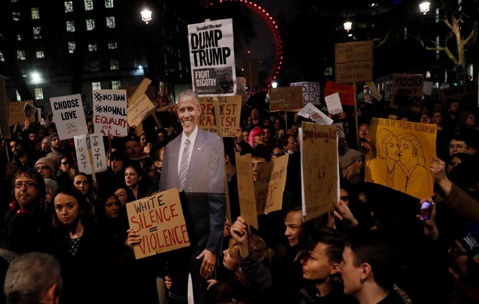 Cutouts of Obama have made appearances at protests against the tightened immigration rules around the world