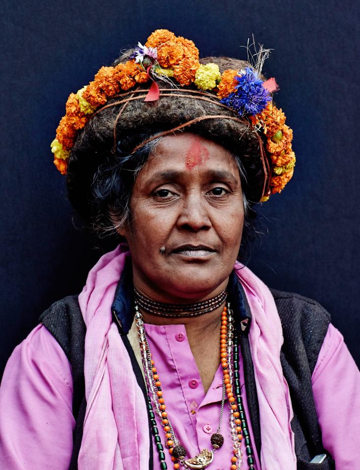  A holy woman in a decorative headdress, taken in Kathmandu, Nepal