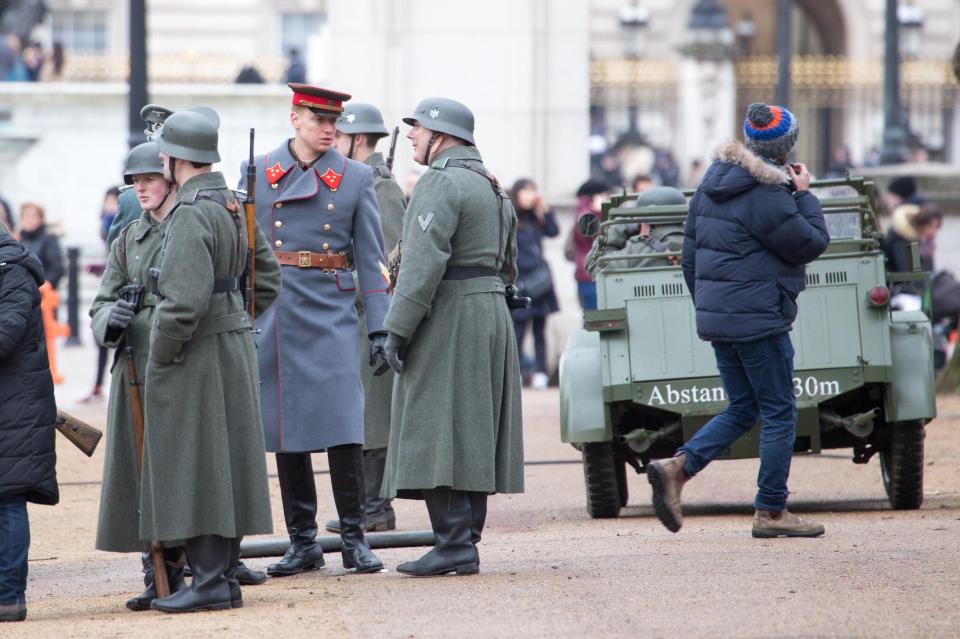  Nazi troops outside Buckingham Palace during filming of the drama