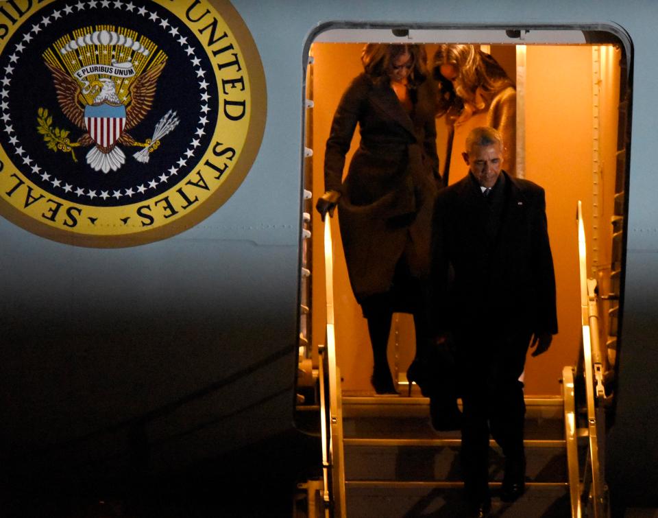  He arrived in Chicago where he was delivering his speech earlier on Tuesday on Air Force One with his family