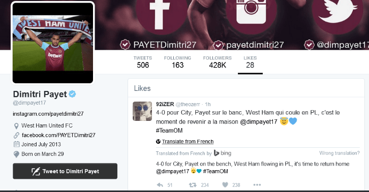  Payet liked this tweet from a Marseille fan