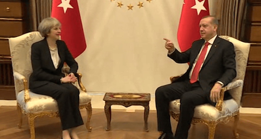  Mrs May was grilled on the ban after meeting with President Erdogan in Turkey